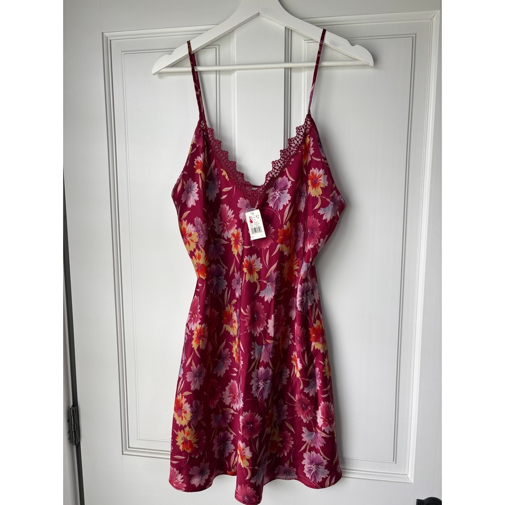 NWT Private Luxuries Silk Chemise Large Burgundy Floral Lace Trim Lingerie